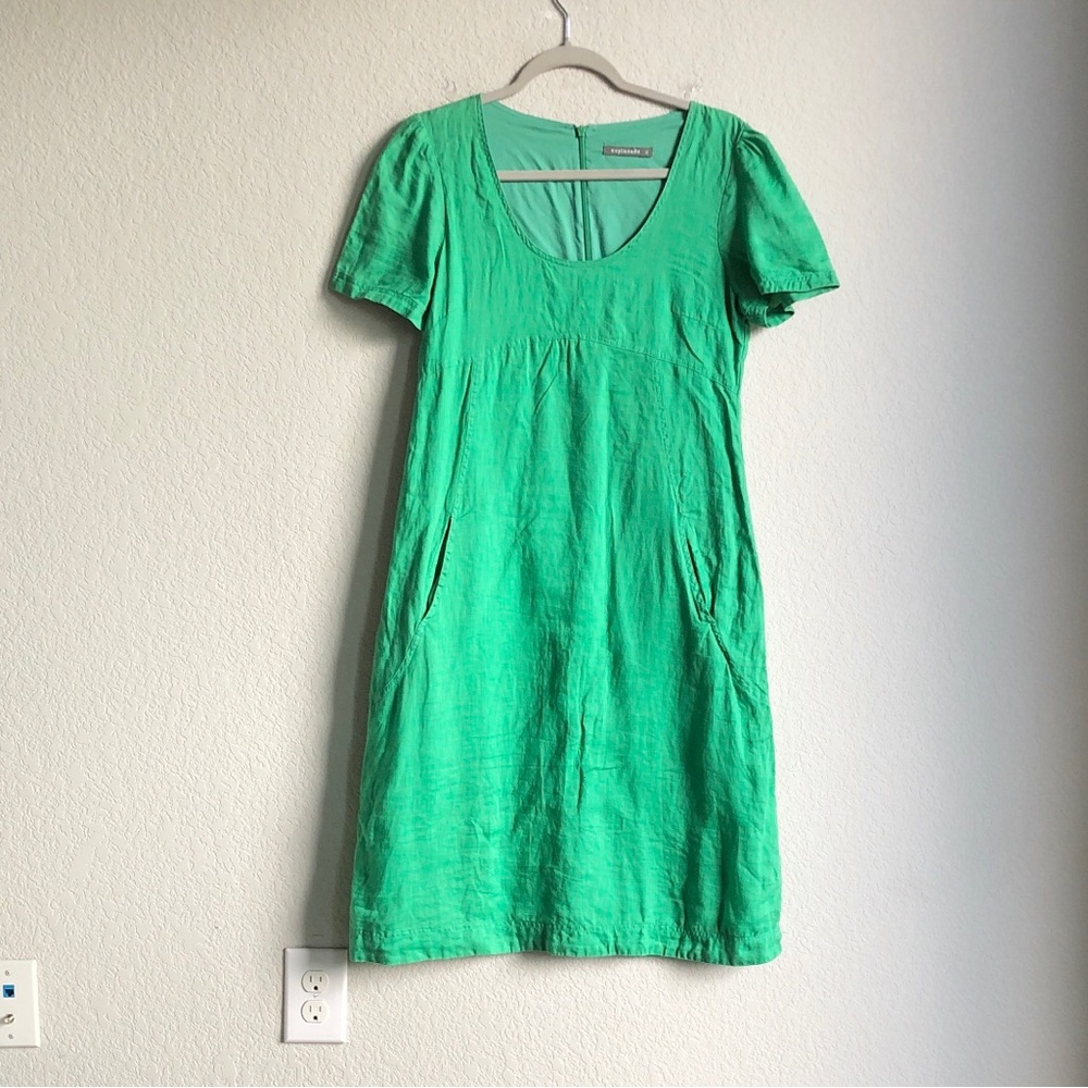 Esplanade Linen Short Sleeve Pocket Midi Dress Layering Lagenlook Green 10